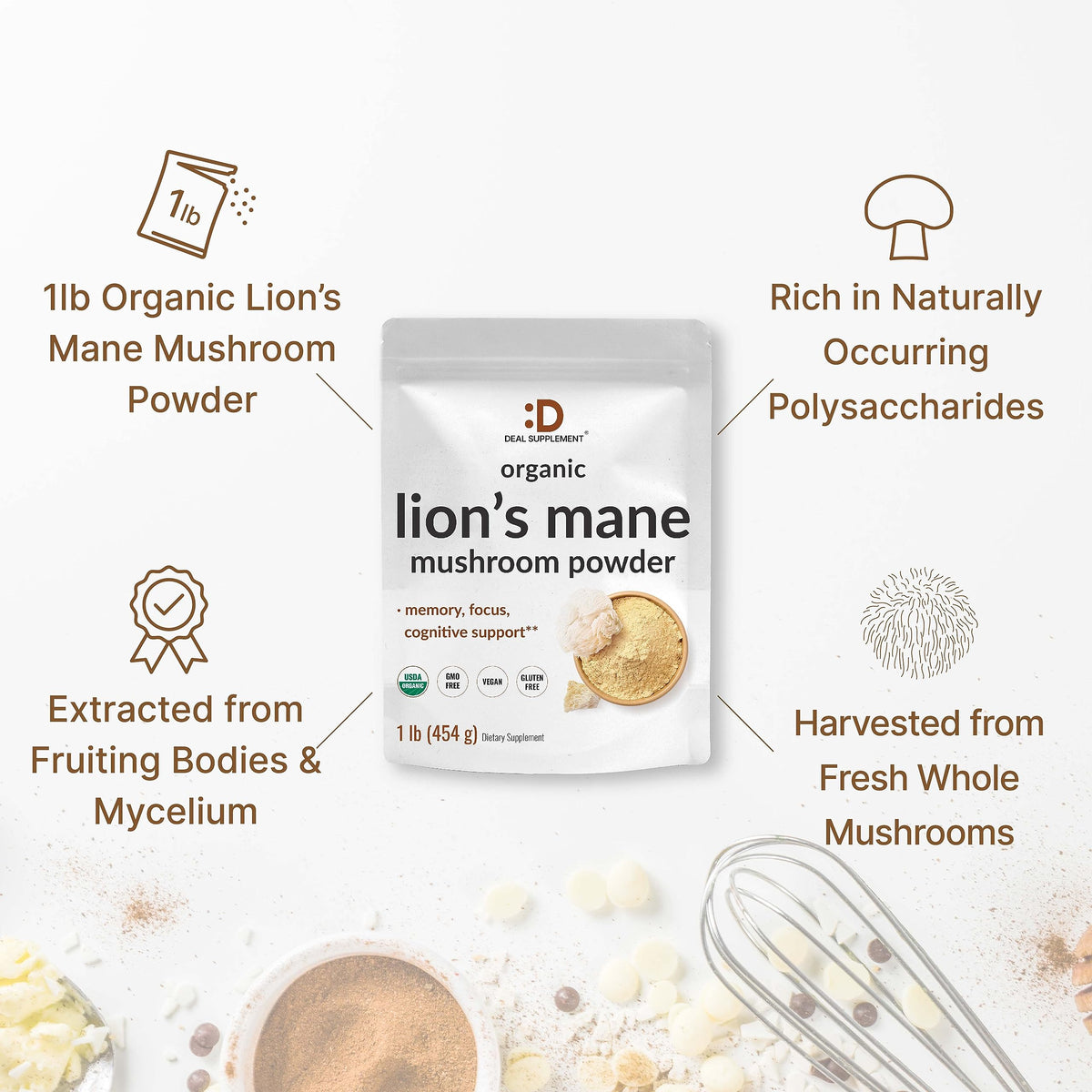 DEAL SUPPLEMENT Poudre de Lion's Mane Bio 1 500mg en utilisation