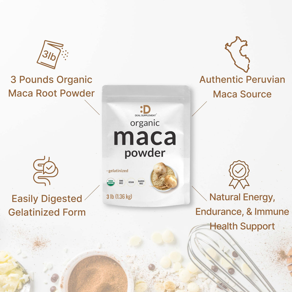 DEAL SUPPLEMENT Poudre de racine de Maca Bio 1,36 kg avec mesure