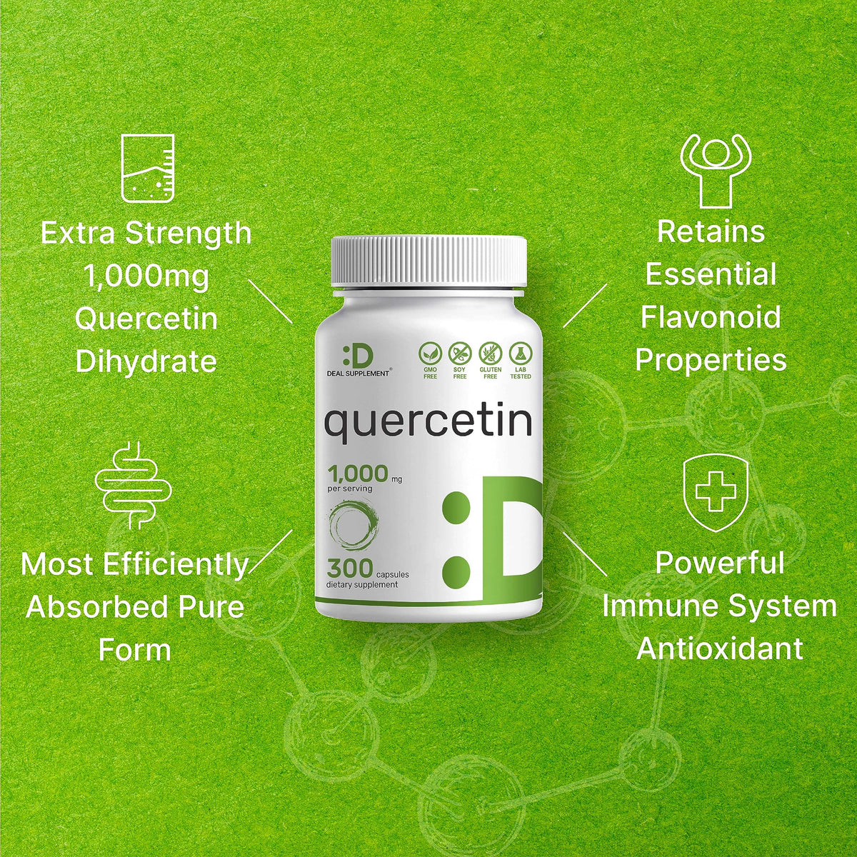 DEAL SUPPLEMENT Quercetine 1 000 mg 300 capsules sur une table