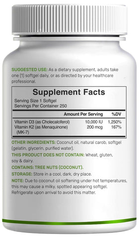 DEAL SUPPLEMENT Vitamine D3 10 000 UI + K2 MK7 gélules sur une table