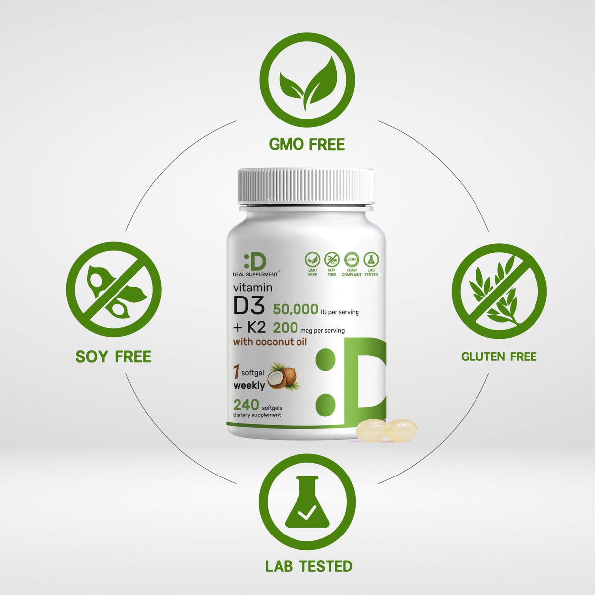 DEAL SUPPLEMENT Vitamine D3 50 000 UI + K2 MK7 capsules à l'intérieur de la bouteille