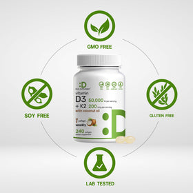 DEAL SUPPLEMENT Vitamine D3 50 000 UI + K2 MK7 capsules à l'intérieur de la bouteille