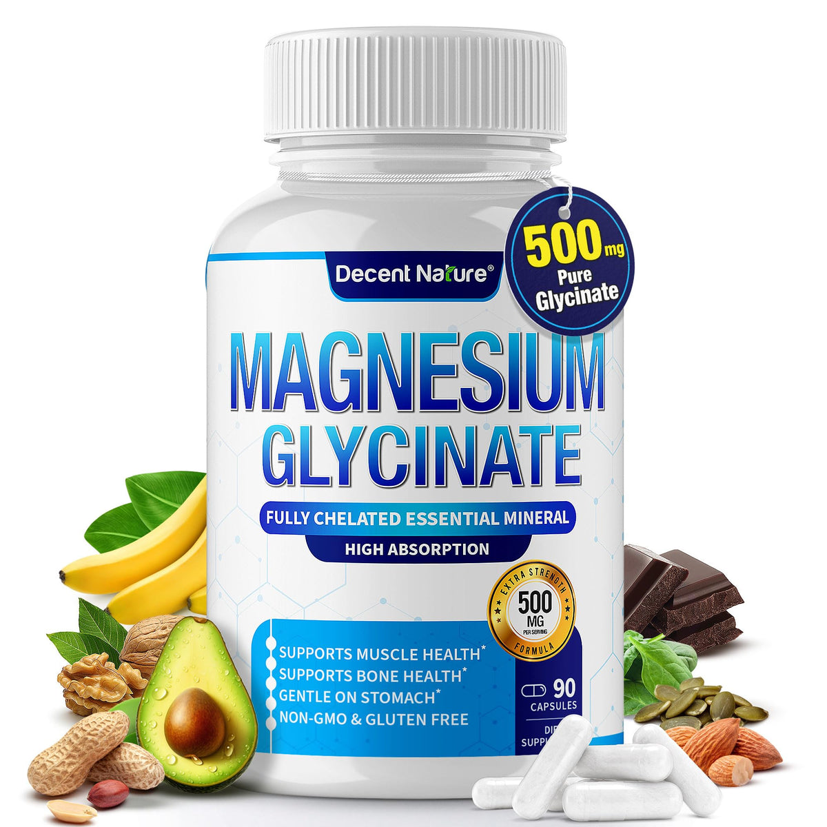 DECENT NATURE Magnésium Glycinate 500mg 90 Capsules, vue avant