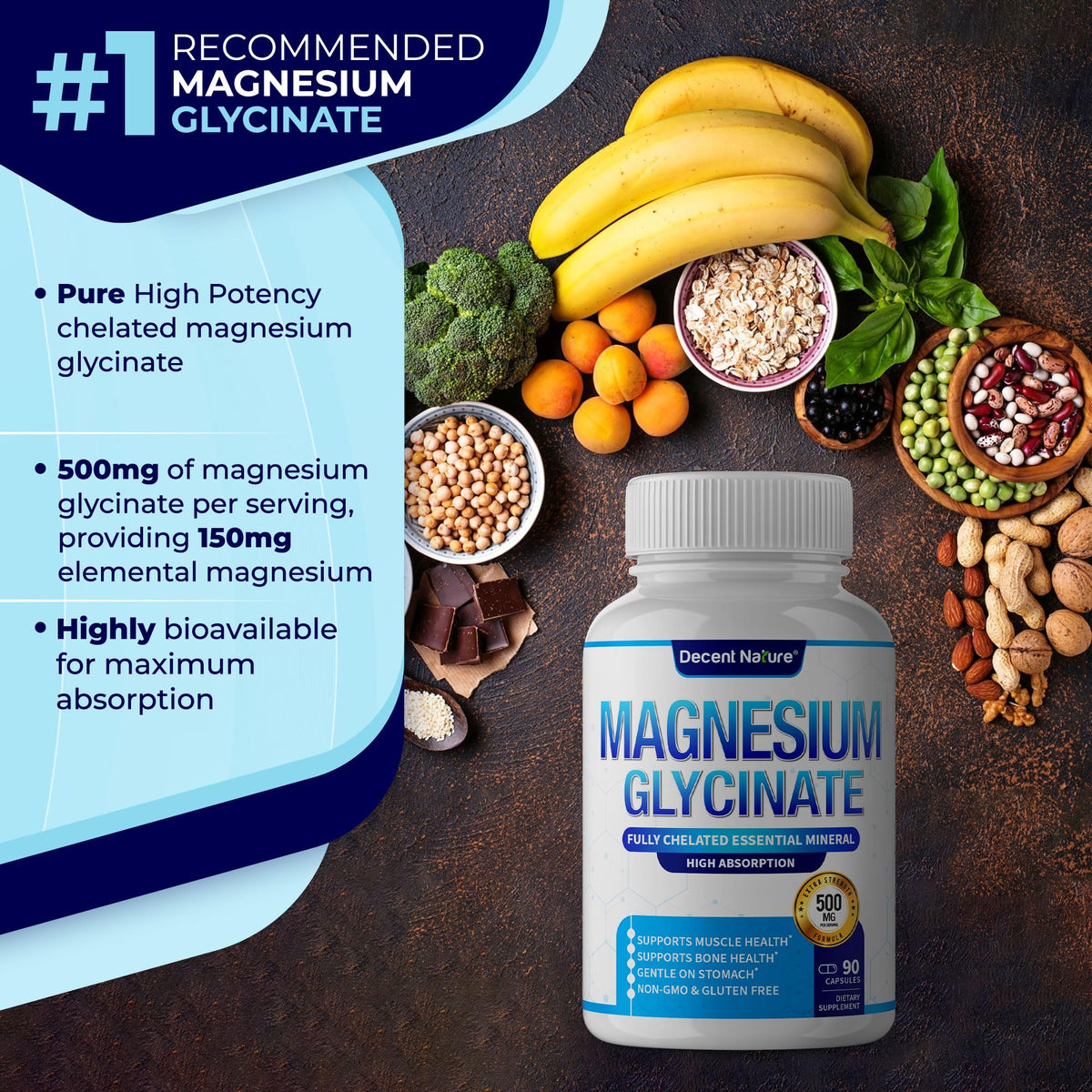DECENT NATURE Magnésium Glycinate 500mg, capsule individuelle sur fond blanc