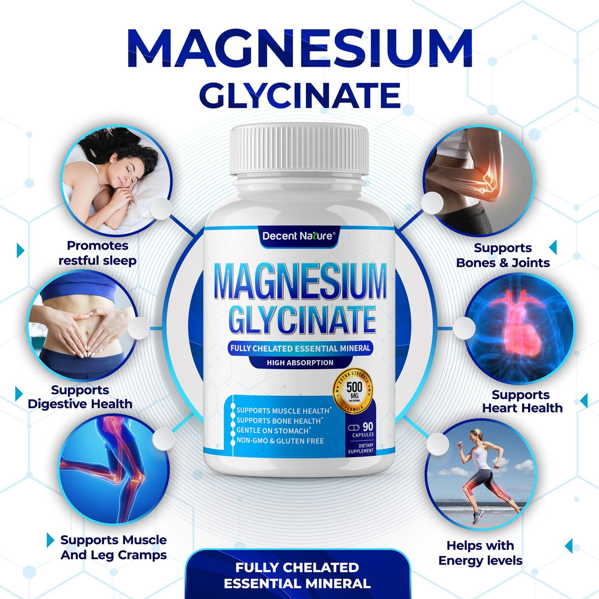 DECENT NATURE Magnésium Glycinate 500mg, capsules à l'intérieur du flacon
