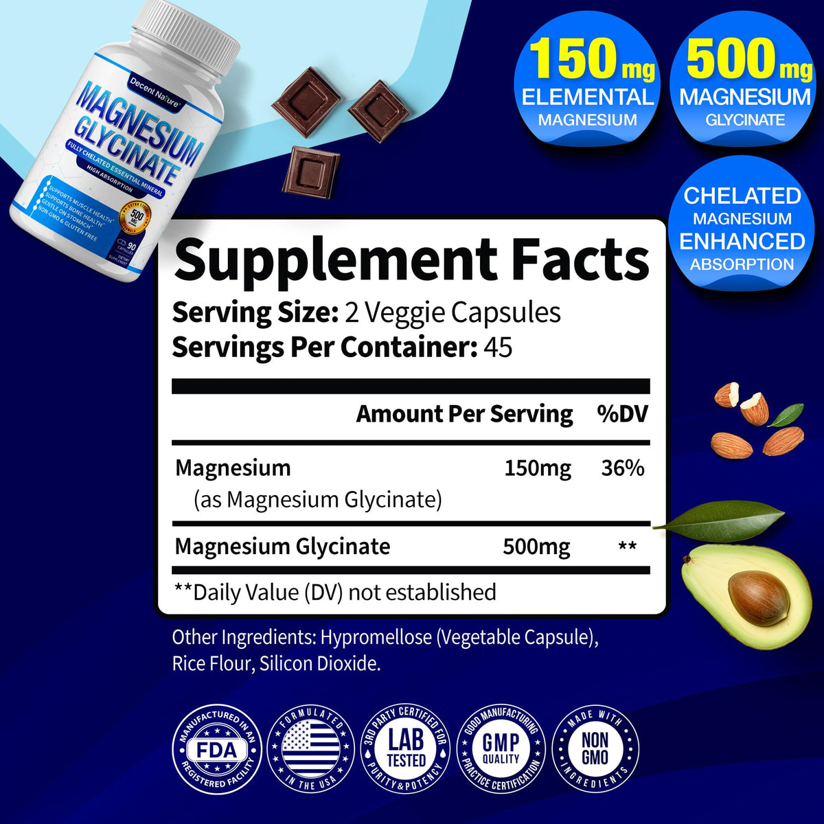 DECENT NATURE Magnésium Glycinate 500mg, emballage et informations