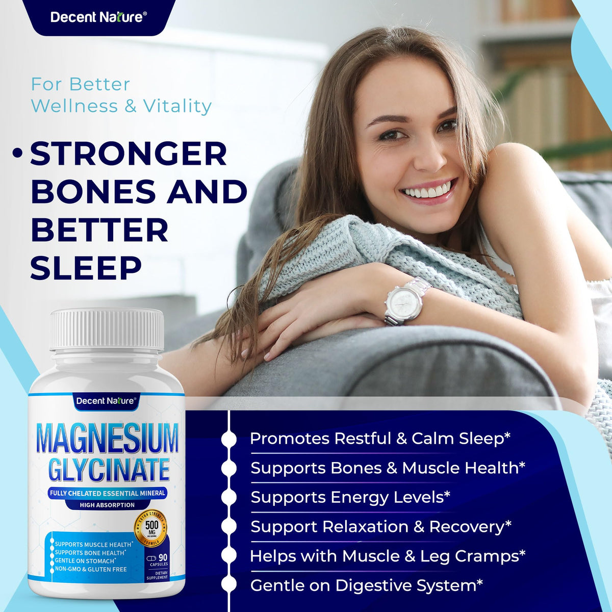 DECENT NATURE Magnésium Glycinate 500mg, flacon ouvert avec capsules
