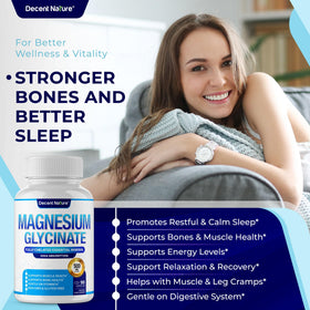 DECENT NATURE Magnésium Glycinate 500mg, flacon ouvert avec capsules