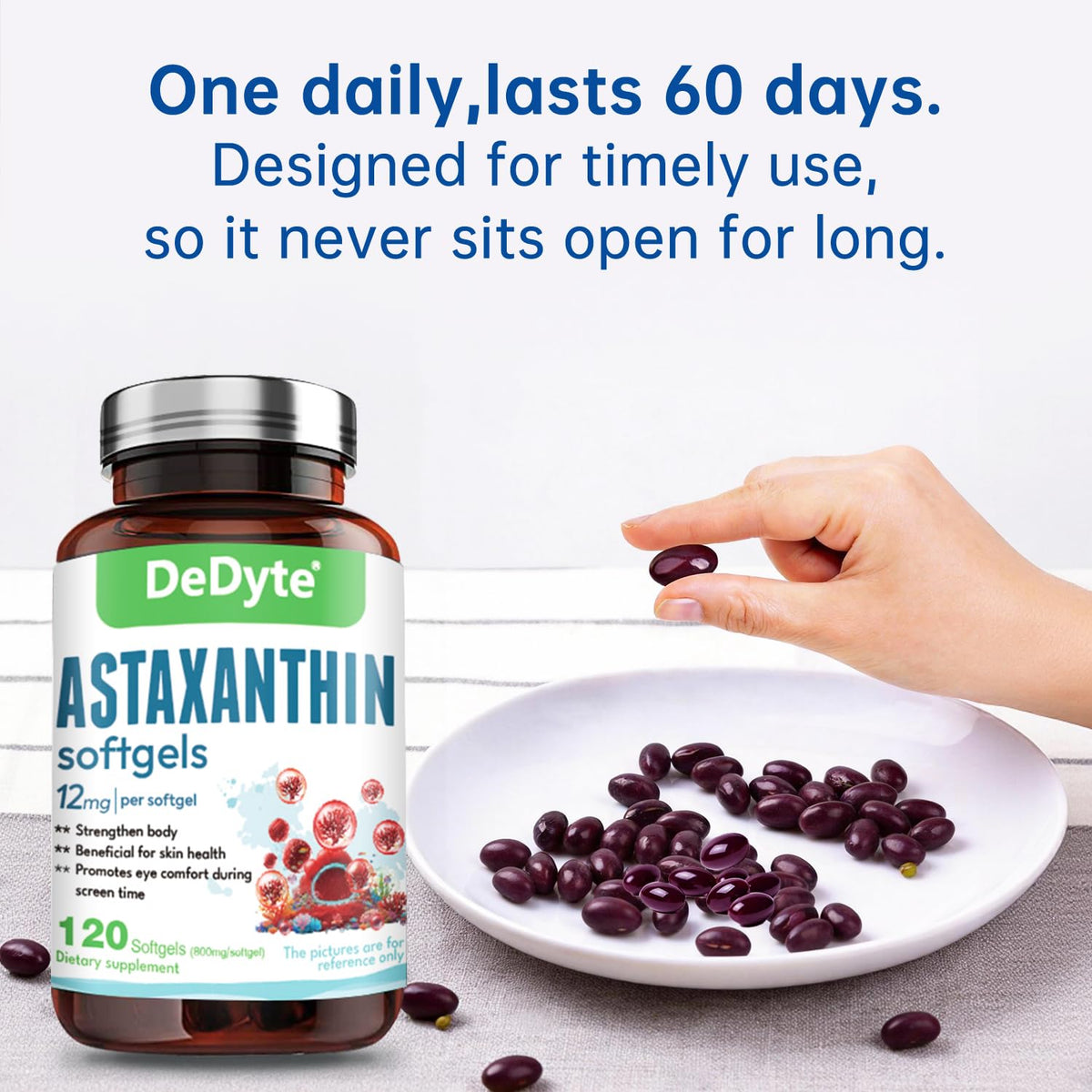 DeDyte Astaxanthine 12mg présentation du produit sur une table