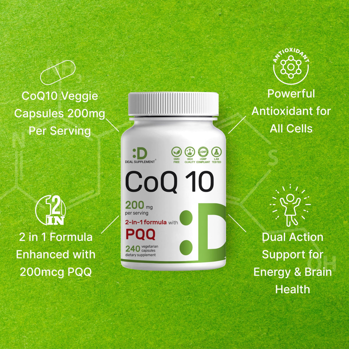 Démo de capsules DEAL SUPPLEMENT CoQ10 200mg avec PQQ sur une main