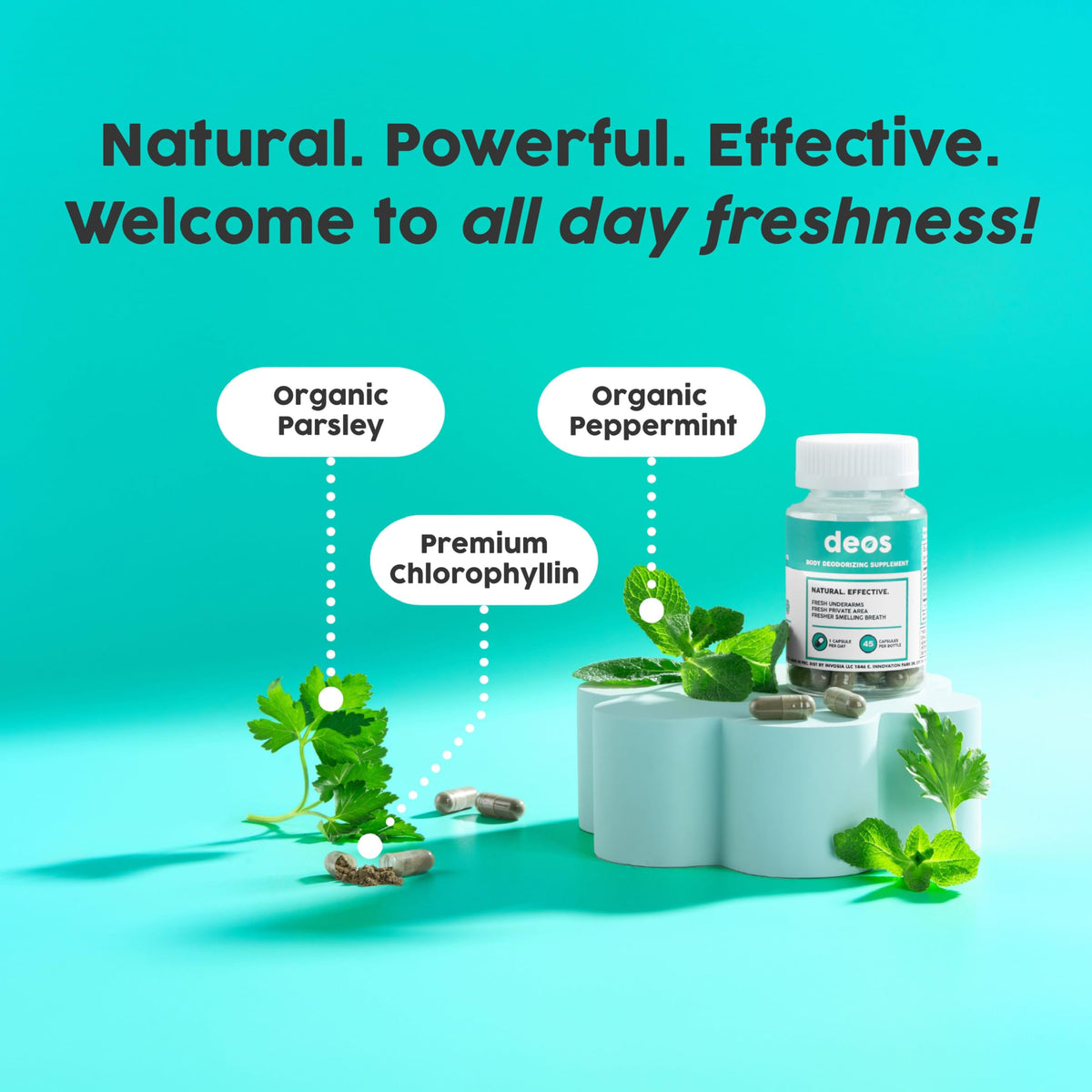 DEOS Déodorant Interne capsules sur fond blanc