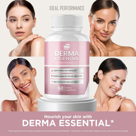 Derma Essential Capsules avec un verre d'eau à côté pour illustration d'utilisation