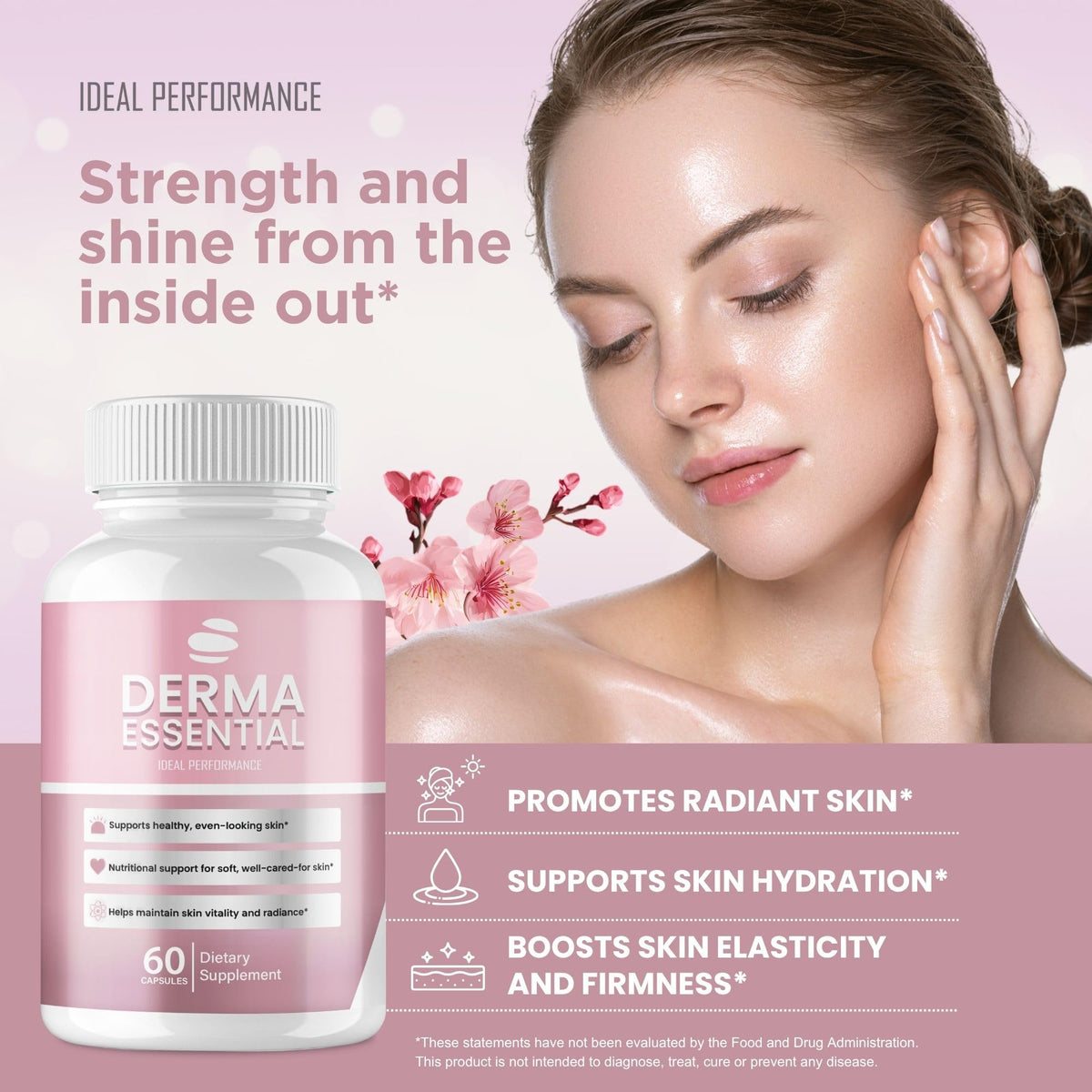 Derma Essential Capsules montrées avec des ingrédients naturels en arrière-plan