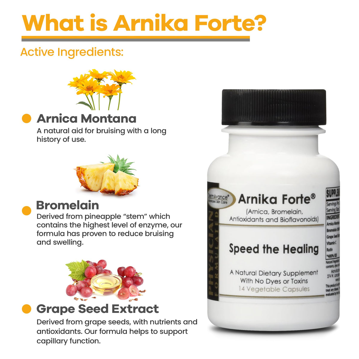 DermAvance Arnika Forte capsules avec ingrédients naturels en arrière-plan