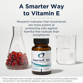 Designs for Health Annatto-E 150mg Tocotrienols capsules sur fond blanc