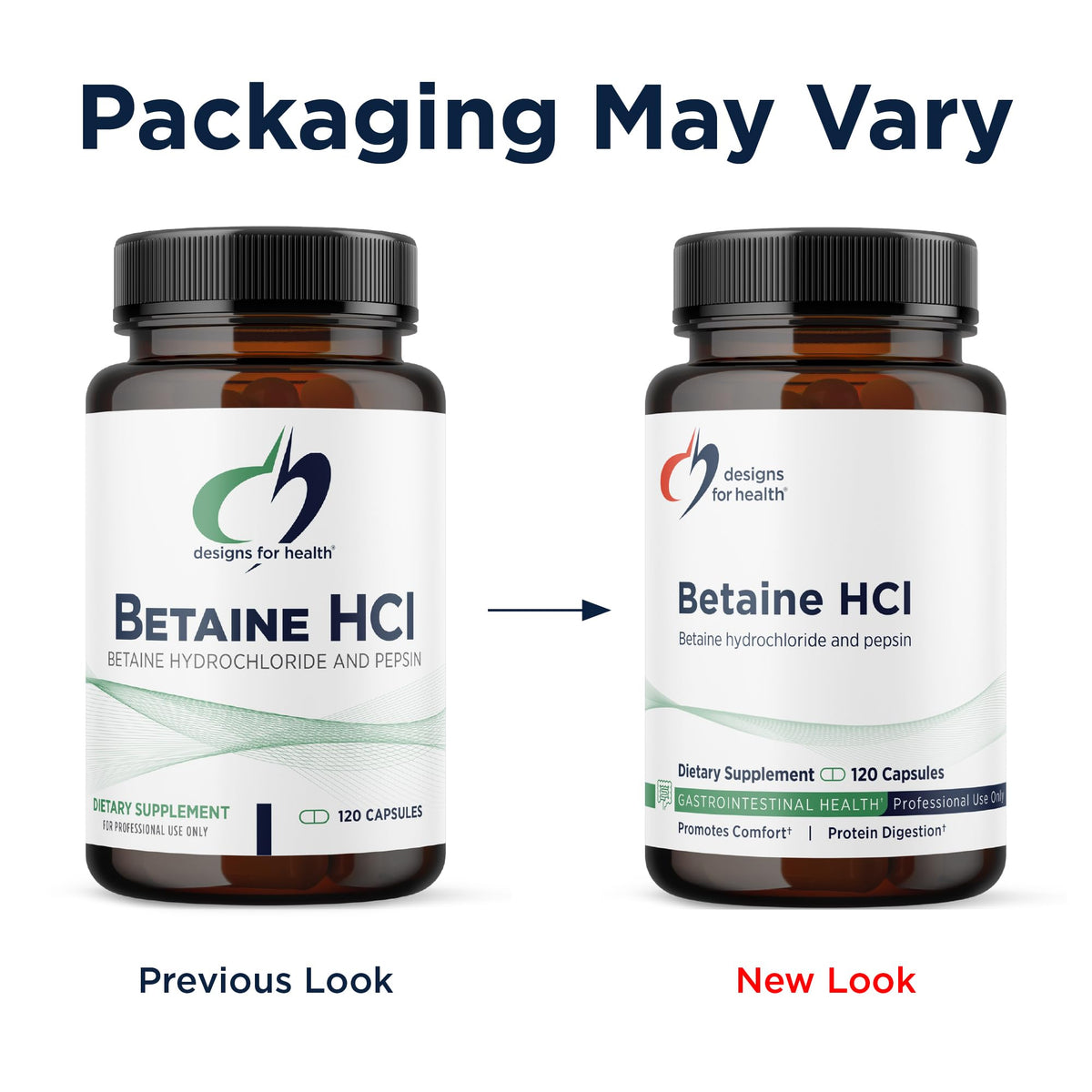 Designs for Health Betaine HCl avec Pepsine, flacon ouvert avec capsules