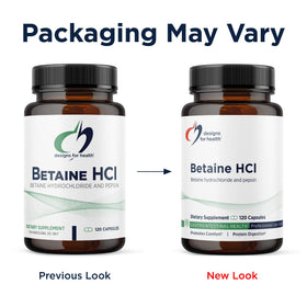 Designs for Health Betaine HCl avec Pepsine, flacon ouvert avec capsules