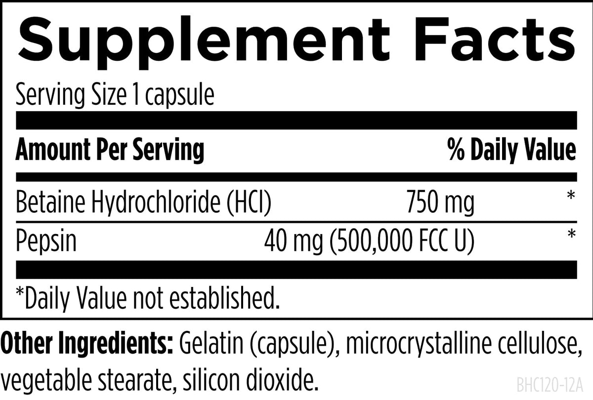 Designs for Health Betaine HCl avec Pepsine, présentation des capsules