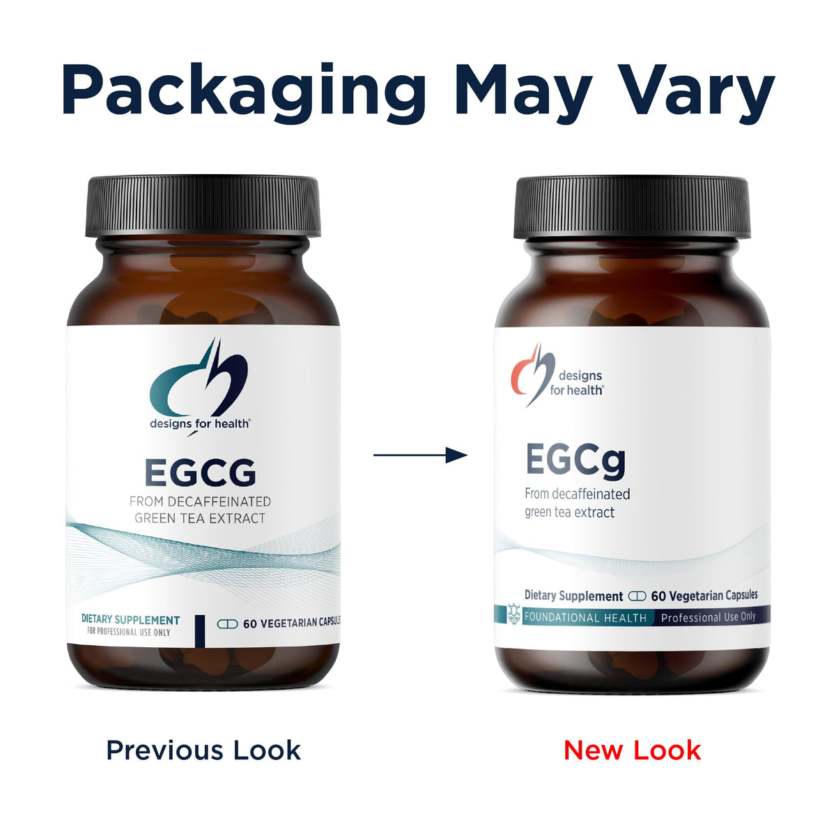 Designs for Health EGCg 60 capsules sur une table en bois