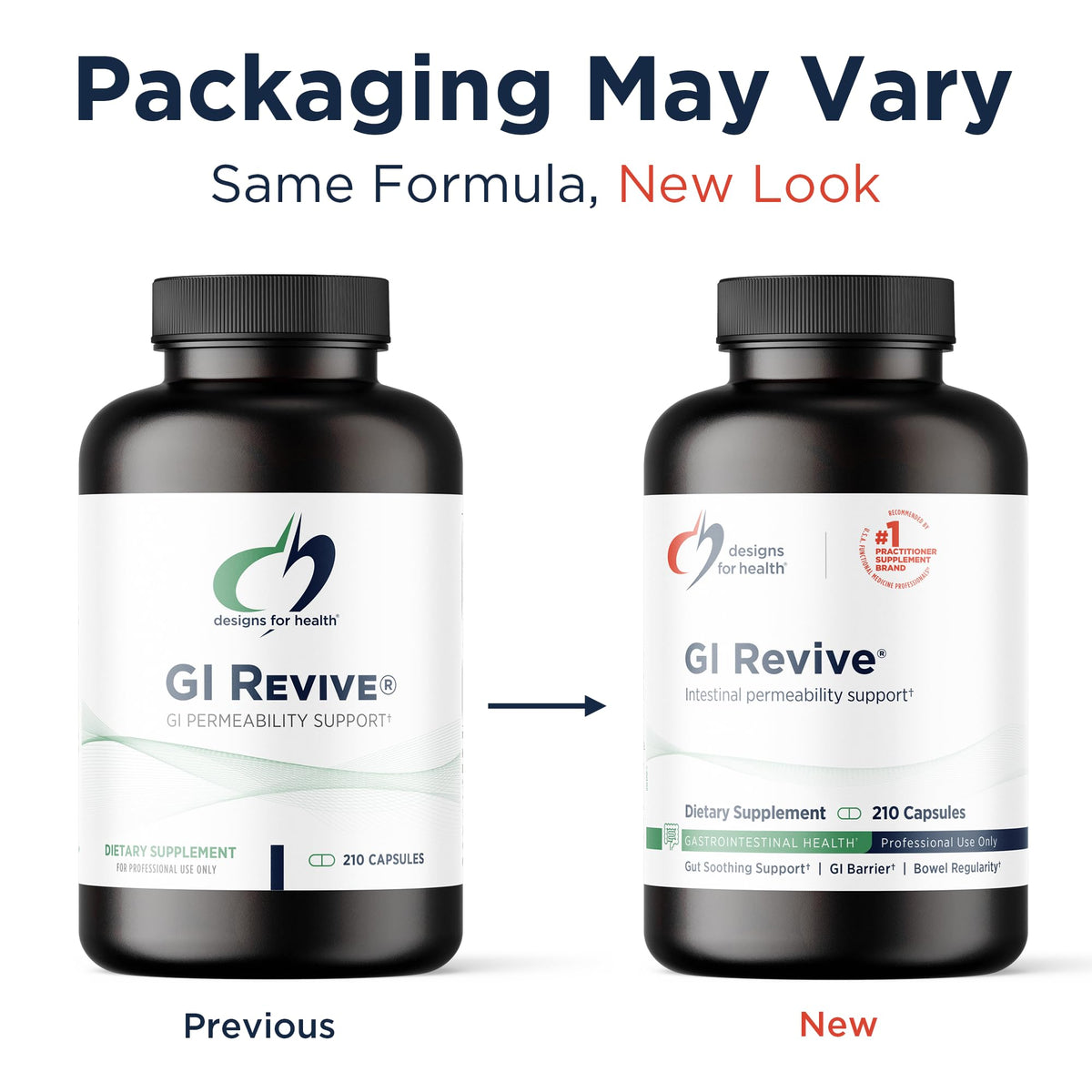 Designs for Health GI Revive capsules avec ingrédients en arrière-plan