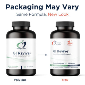Designs for Health GI Revive capsules avec ingrédients en arrière-plan