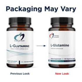 Designs for Health L-Glutamine Capsules 850mg capsules on a white background