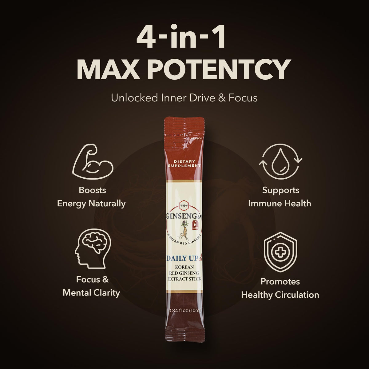 Détail d'un bâtonnet d'extrait de ginseng rouge coréen GINSENGin