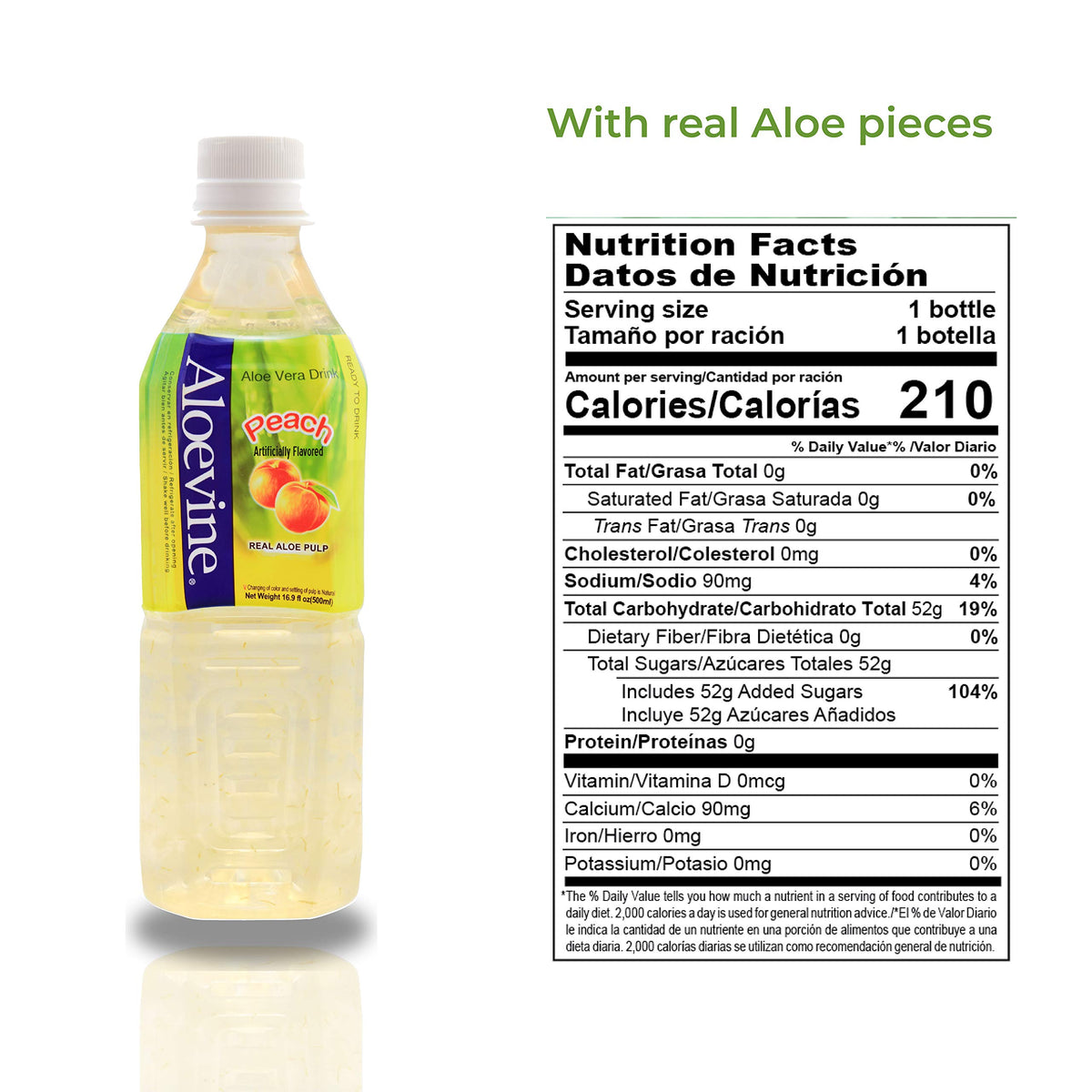 Détail d'une bouteille de boisson Aloe Vera Aloevine à la pêche