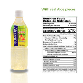 Détail d'une bouteille de boisson Aloe Vera Aloevine à la pêche