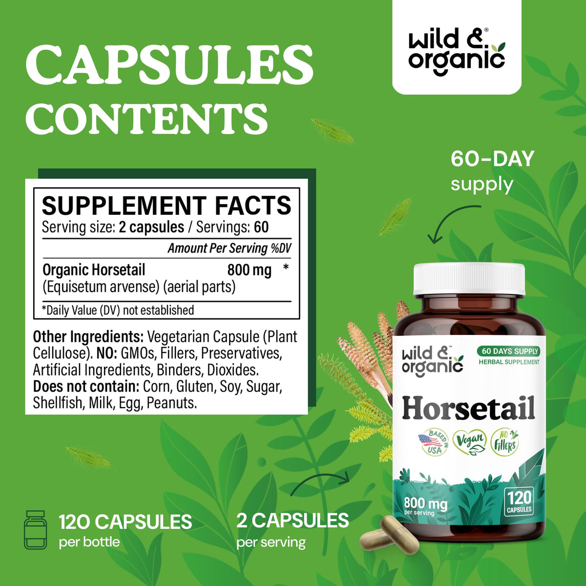 Détail de capsules de prêle Wild & Organic avec étiquette