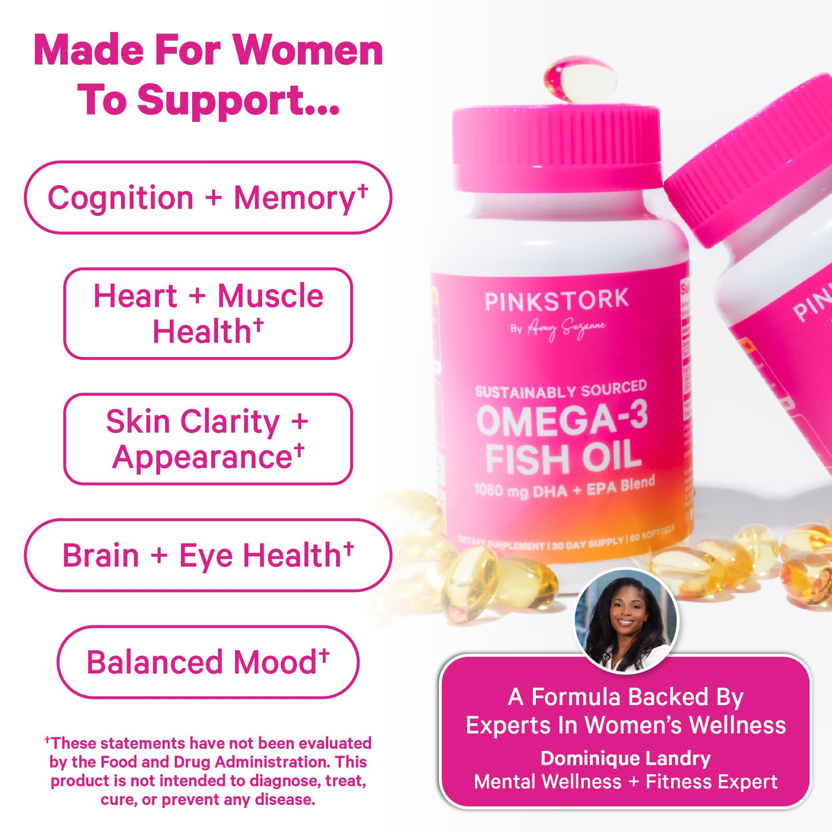 Détail de gélules Pink Stork Omega 3 avec parfum de baies