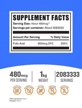 Détail de l'emballage de la poudre d'acide folique BulkSupplements