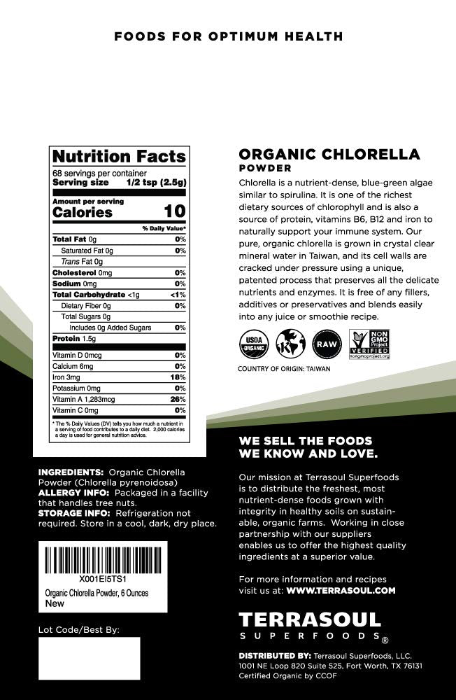 Détail de l'emballage de la poudre de chlorelle bio Terrasoul