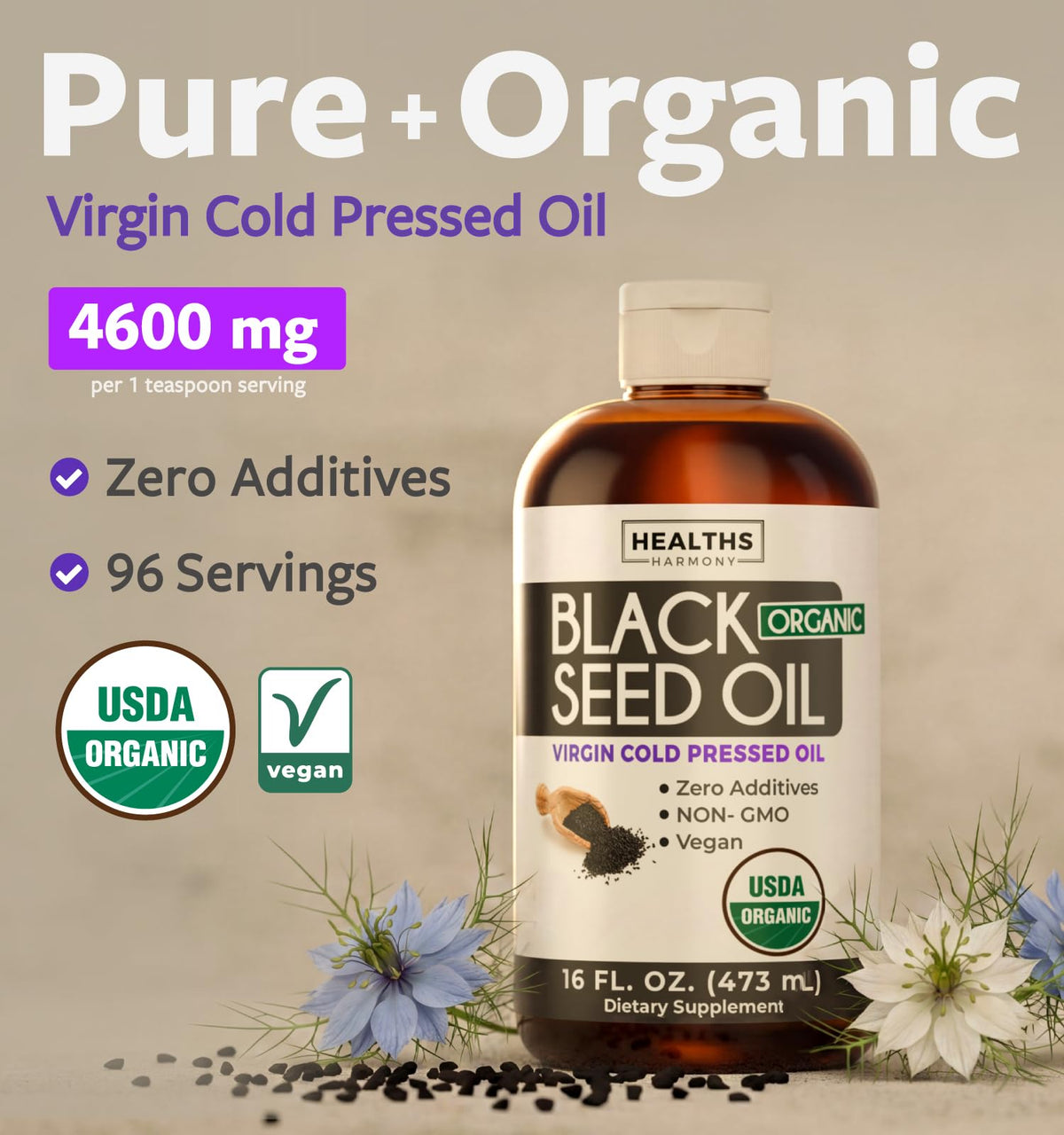 Détail de l'étiquette de l'huile de graines noires bio Healths Harmony