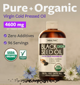 Détail de l'étiquette de l'huile de graines noires bio Healths Harmony