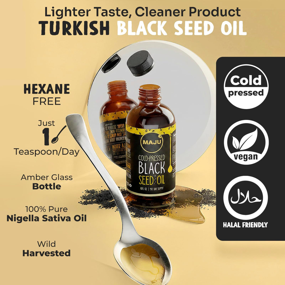 Détail de l'étiquette de l'huile de graines noires Maju Superfoods