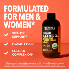 Détail de l'étiquette de l'huile de nigelle bio HAVASU NUTRITION