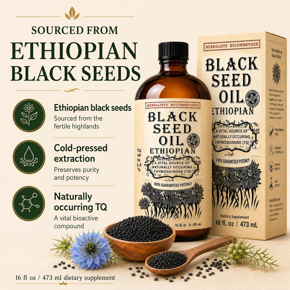 Détail de l'étiquette de l'huile de nigelle éthiopienne Herbal Organic Works