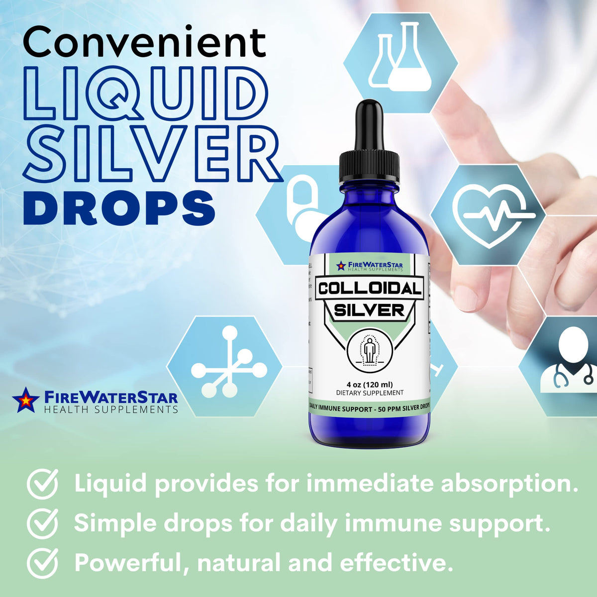 Détail de l'étiquette de la bouteille de Colloidal Silver FIREWATERSTAR