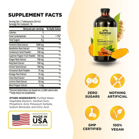Détail de l'étiquette de la bouteille de curcuma liquide Serene Herbs