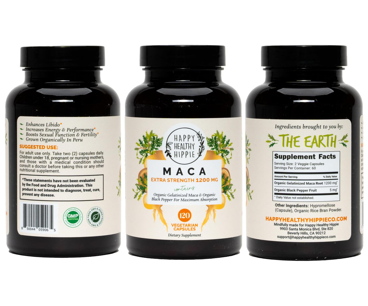 Détail de l'étiquette de la bouteille de racine de maca bio
