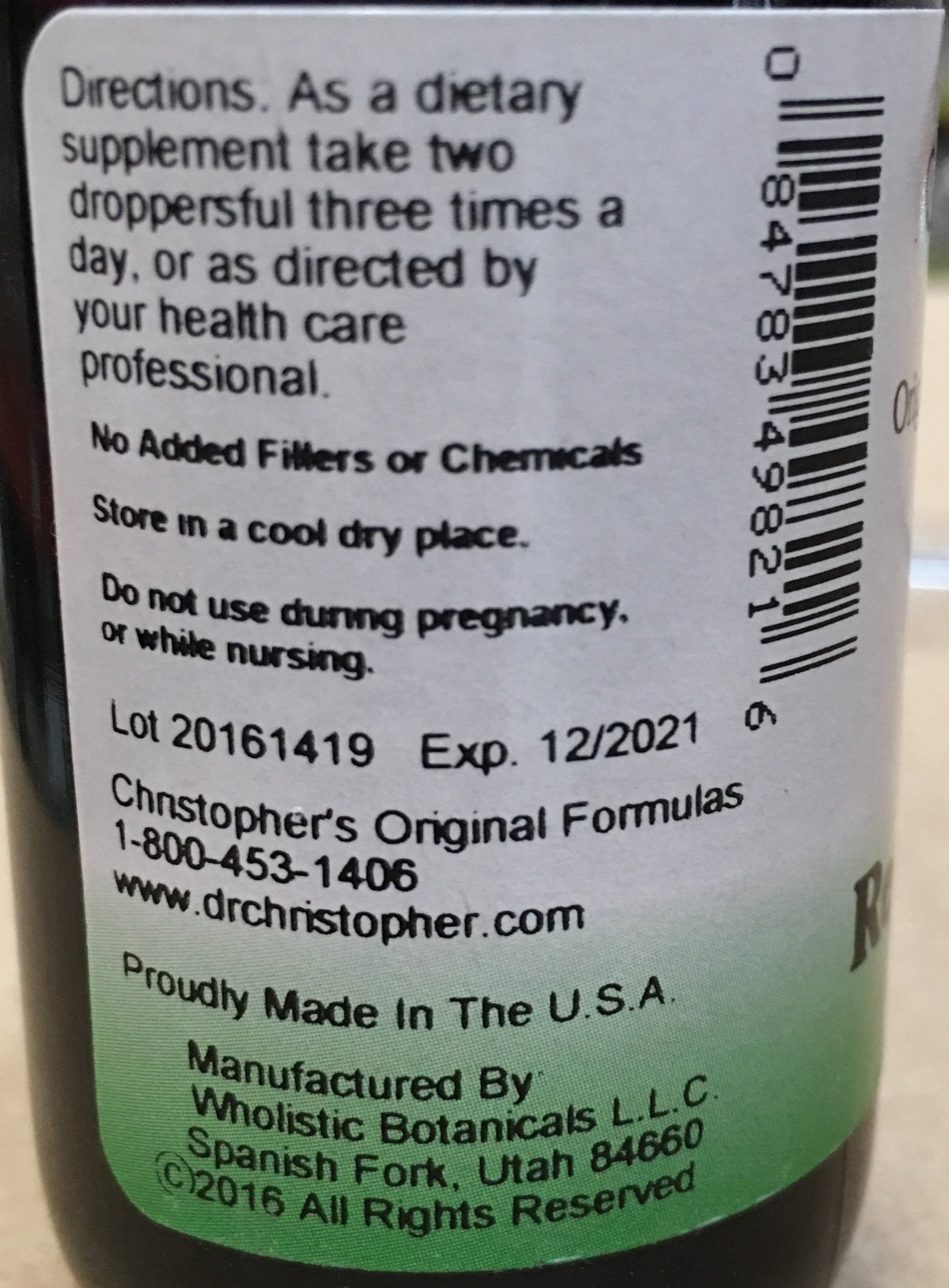 Détail de l'étiquette de la Formule Reproductive Féminine Christopher's