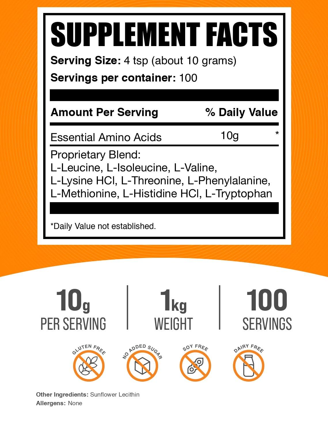 Détail de l'étiquette de la Poudre d'Aminos Essentiels BulkSupplements