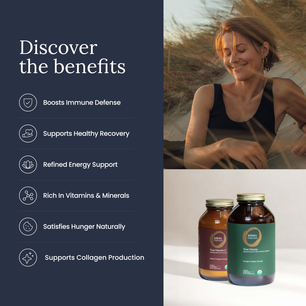 Détail de l'étiquette de la poudre de vitamine C Infinity Greens