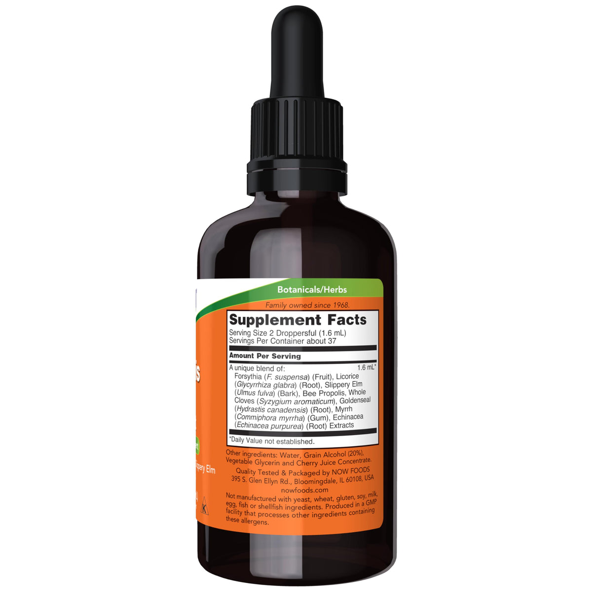 Détail de l'étiquette de NOW Foods Propolis Plus 60 ml