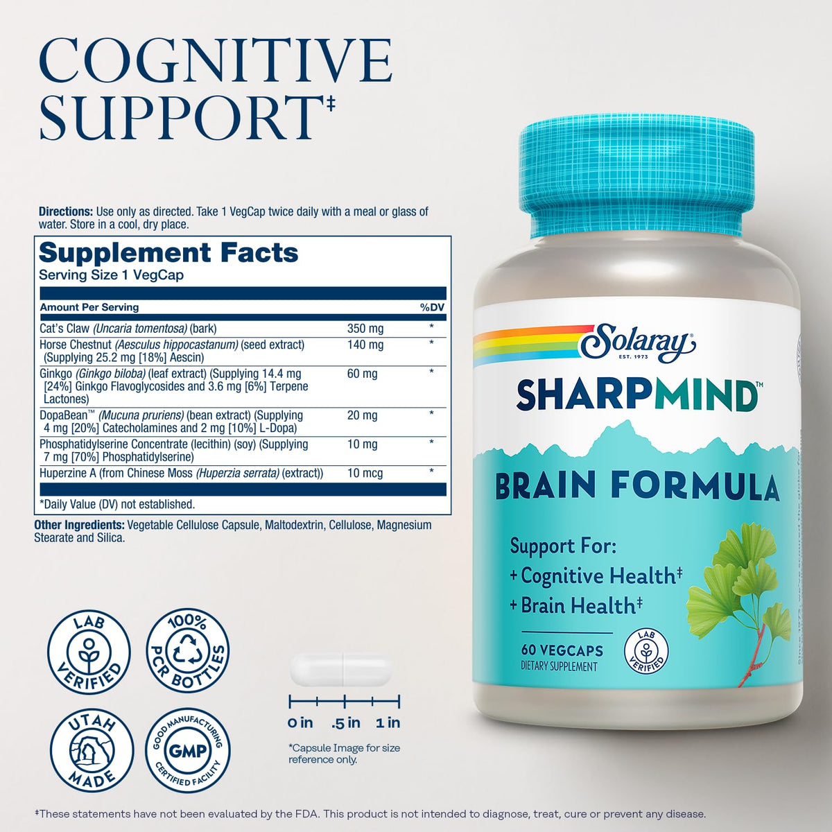 Détail de l'étiquette de SOLARAY SharpMind avec ingrédients