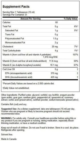 Détail de l'étiquette de Swanson Huile de Foie de Morue Menthe