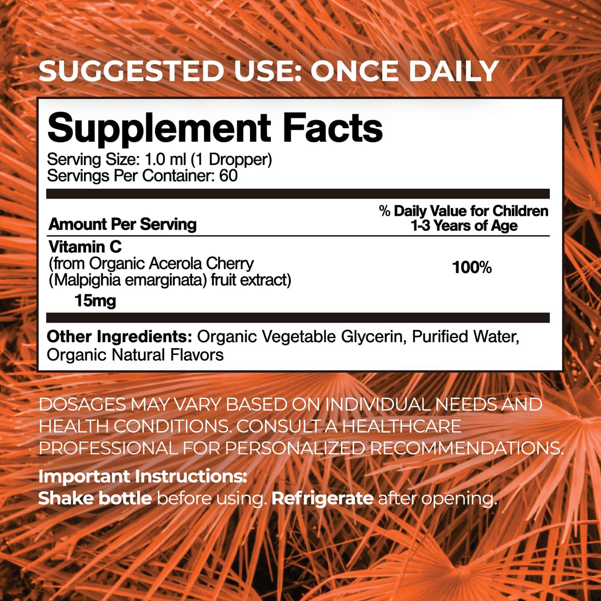 Détail de l'étiquette des gouttes de vitamine C bio Tropical Oasis