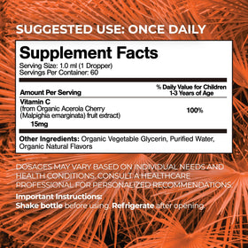 Détail de l'étiquette des gouttes de vitamine C bio Tropical Oasis