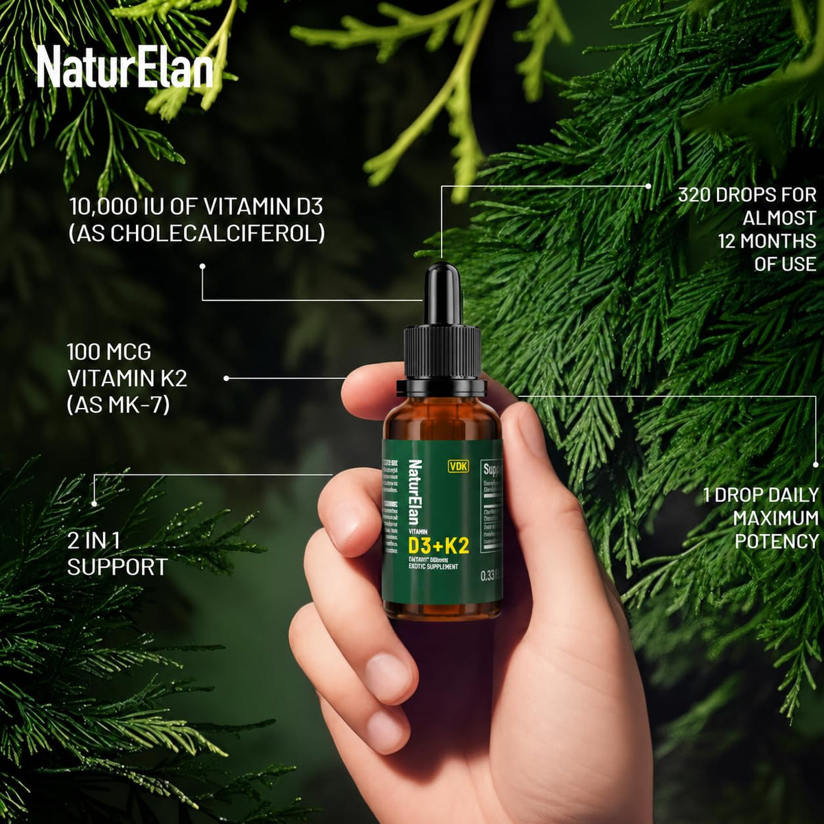 Détail de l'étiquette des gouttes de vitamine D3 K2 NaturElan